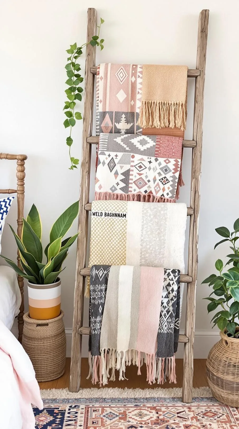 12. Rustic Ladder Display: Use a wooden ladder to display colorful blankets or woven throws, adding dimension to the room-0