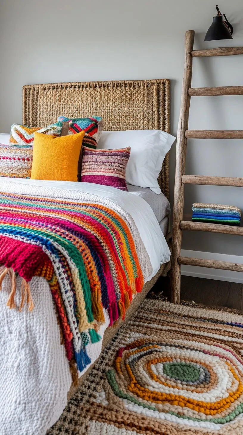 12. Rustic Ladder Display: Use a wooden ladder to display colorful blankets or woven throws, adding dimension to the room-1