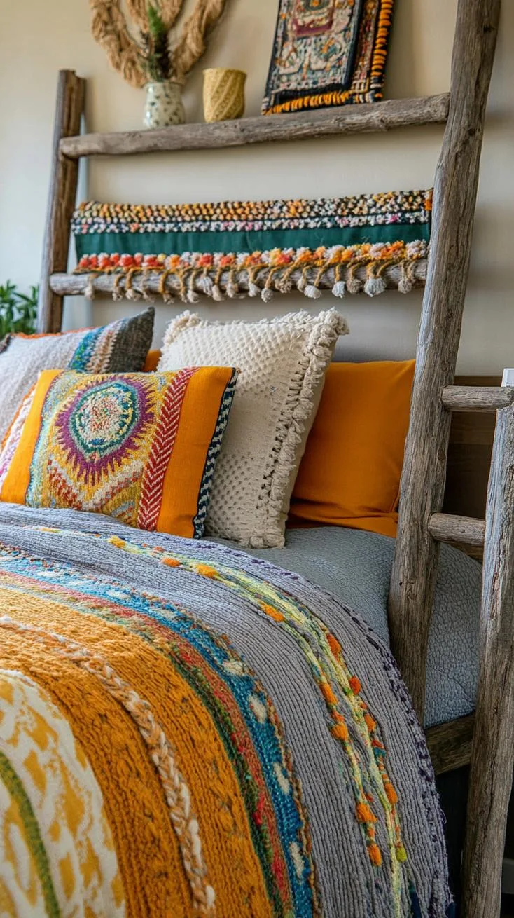 12. Rustic Ladder Display: Use a wooden ladder to display colorful blankets or woven throws, adding dimension to the room-2