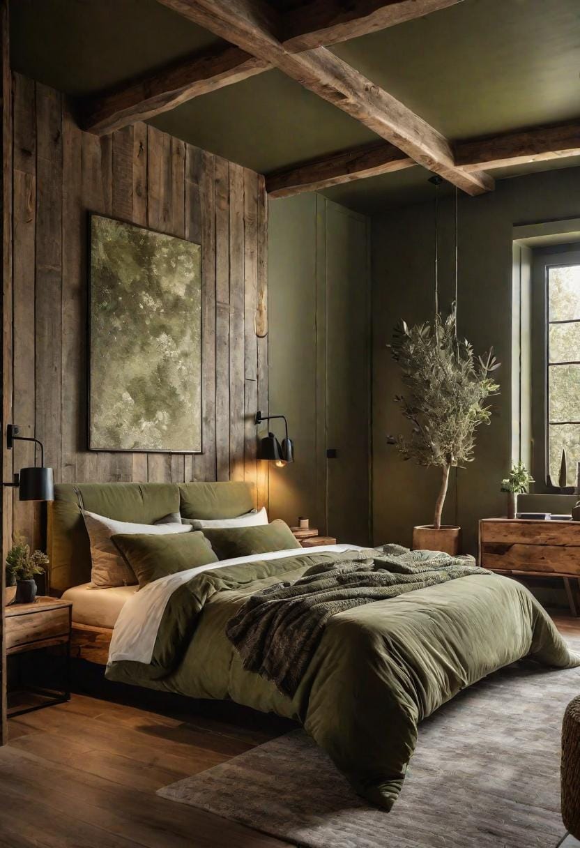 1. Rustic Olive Green Bedroom with Reclaimed Wood Accents-1