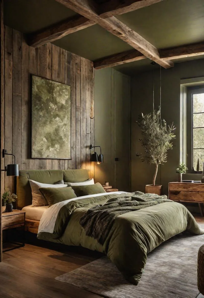 23 Stunning Olive Green Bedroom Ideas You'll Absolutely Love 3 1. Rustic Olive Green Bedroom with Reclaimed Wood Accents-1