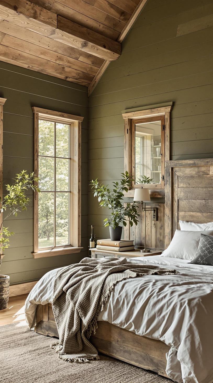 1. Rustic Olive Green Bedroom with Reclaimed Wood Accents-2