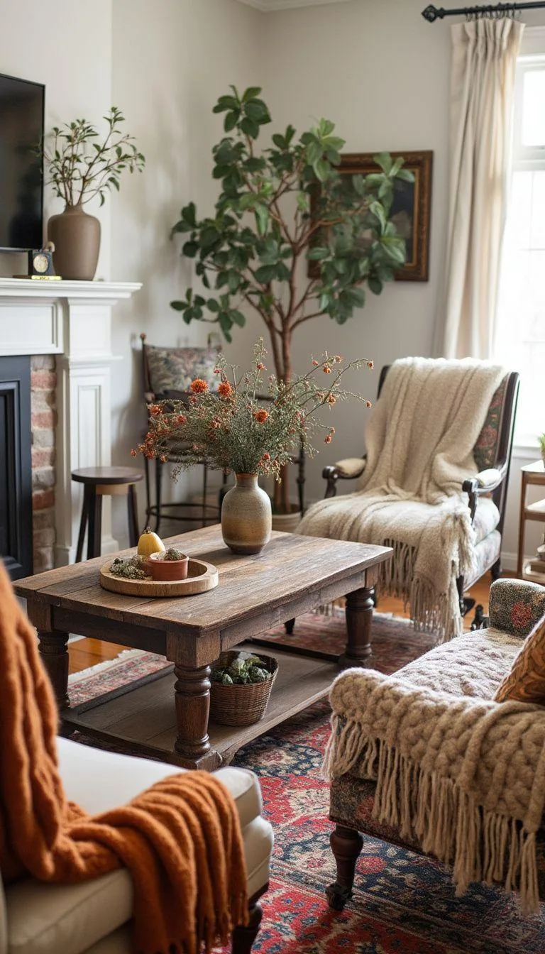 23 Unique Boho Farmhouse Living Room Ideas To Copy 5 2. Rustic Revival: Feature a centerpiece reclaimed wood coffee table surrounded by mismatched vintage-inspired armchairs and wool throws in autumnal hues-0
