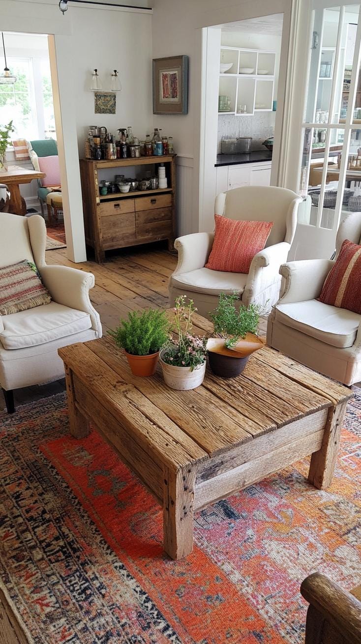 2. Rustic Revival: Feature a centerpiece reclaimed wood coffee table surrounded by mismatched vintage-inspired armchairs and wool throws in autumnal hues-1