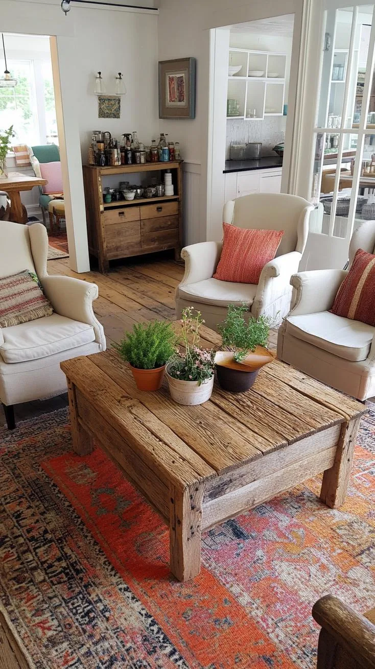 23 Unique Boho Farmhouse Living Room Ideas To Copy 6 2. Rustic Revival: Feature a centerpiece reclaimed wood coffee table surrounded by mismatched vintage-inspired armchairs and wool throws in autumnal hues-1