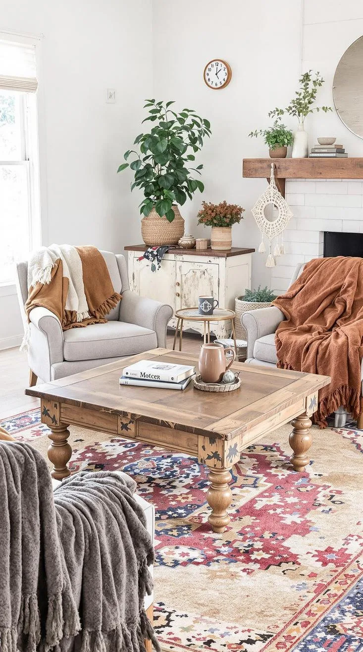 23 Unique Boho Farmhouse Living Room Ideas To Copy 7 2. Rustic Revival: Feature a centerpiece reclaimed wood coffee table surrounded by mismatched vintage-inspired armchairs and wool throws in autumnal hues-2