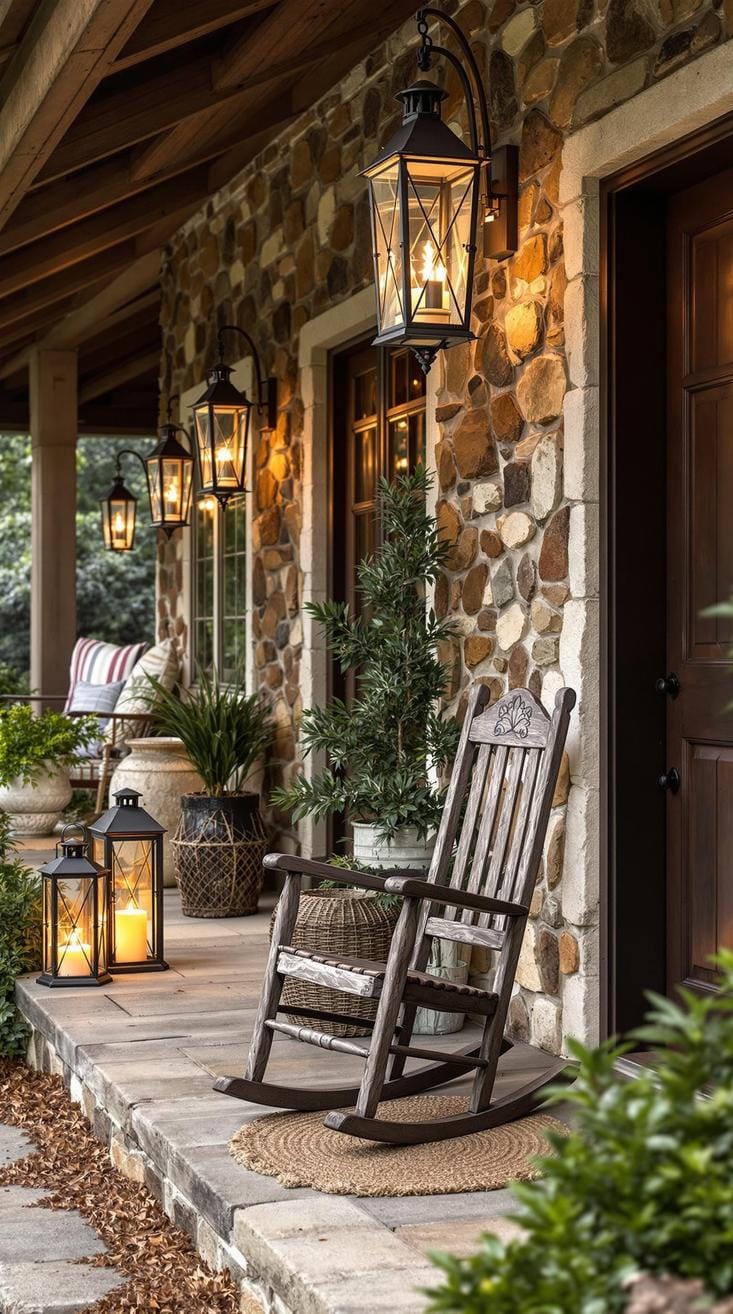 25 Beautiful Front Porch Ideas to Elevate Your Home Style 4 1. Rustic charm: Incorporate vintage lanterns and an antique rocking chair against a backdrop of stone and wood textures-1