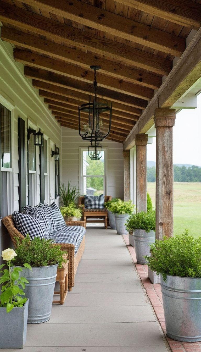 9. Rustic farmhouse: Use reclaimed wood for porch beams, pairing with gingham cushions and galvanized metal buckets-0