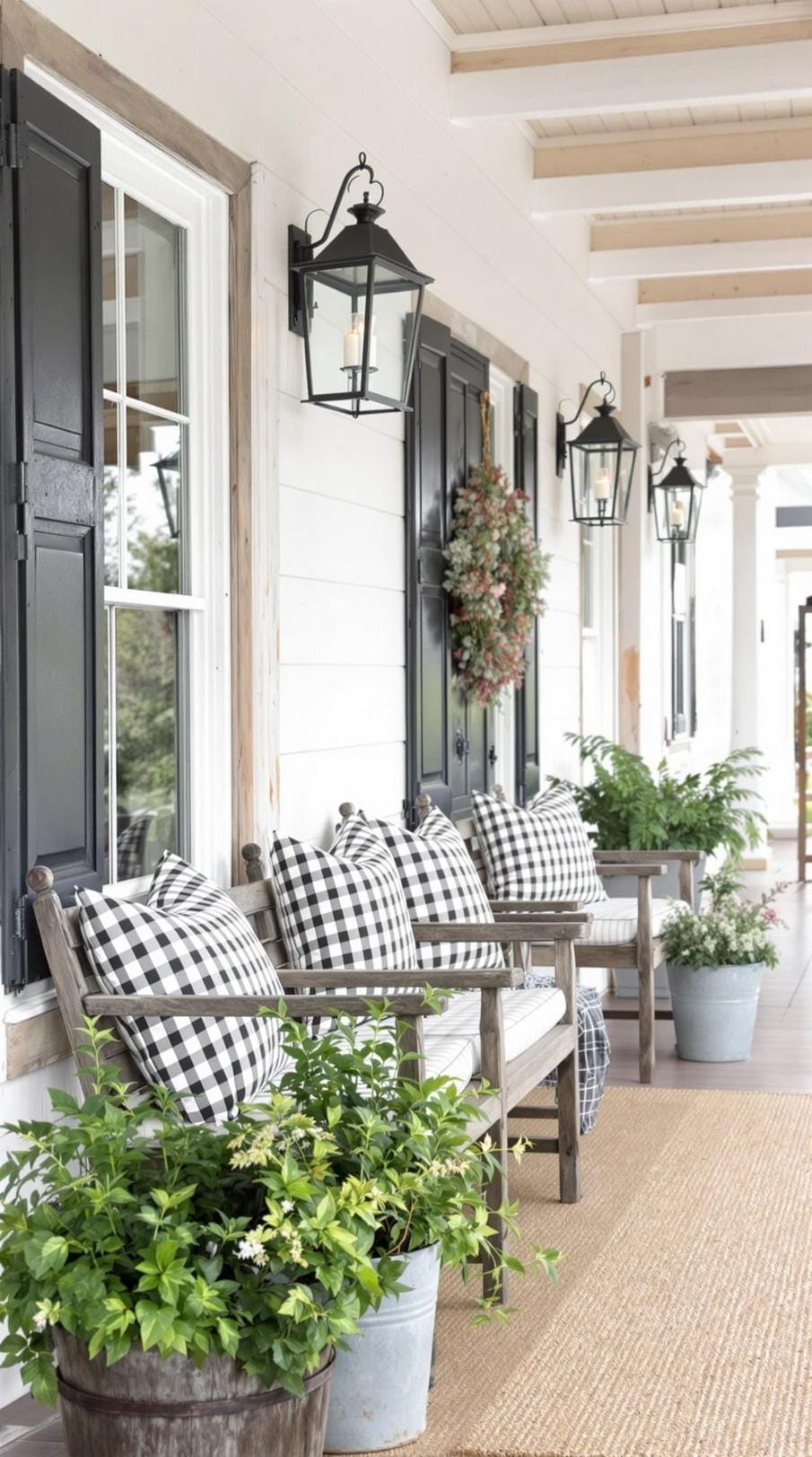 9. Rustic farmhouse: Use reclaimed wood for porch beams, pairing with gingham cushions and galvanized metal buckets-1