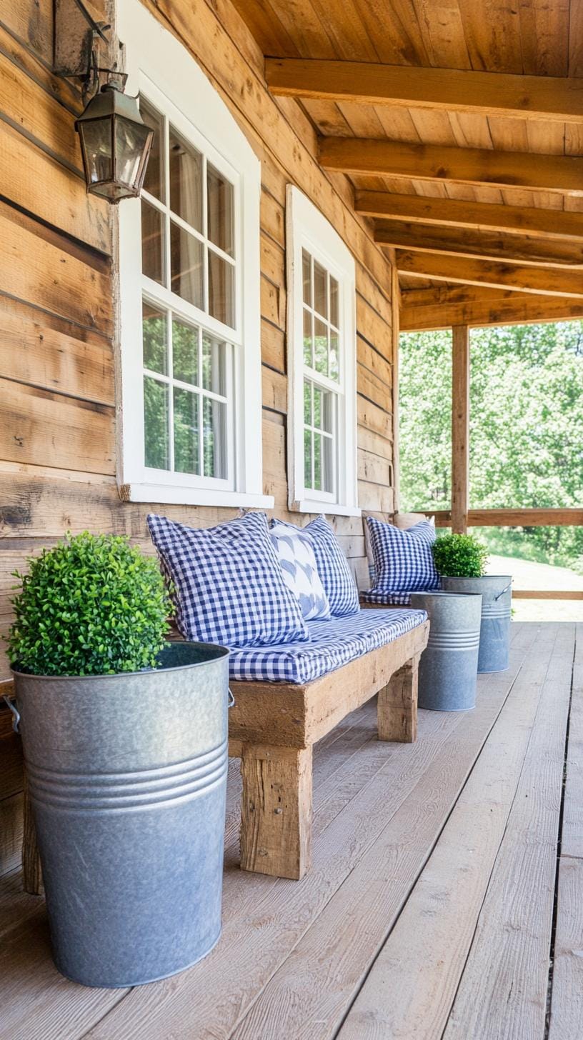 9. Rustic farmhouse: Use reclaimed wood for porch beams, pairing with gingham cushions and galvanized metal buckets-2