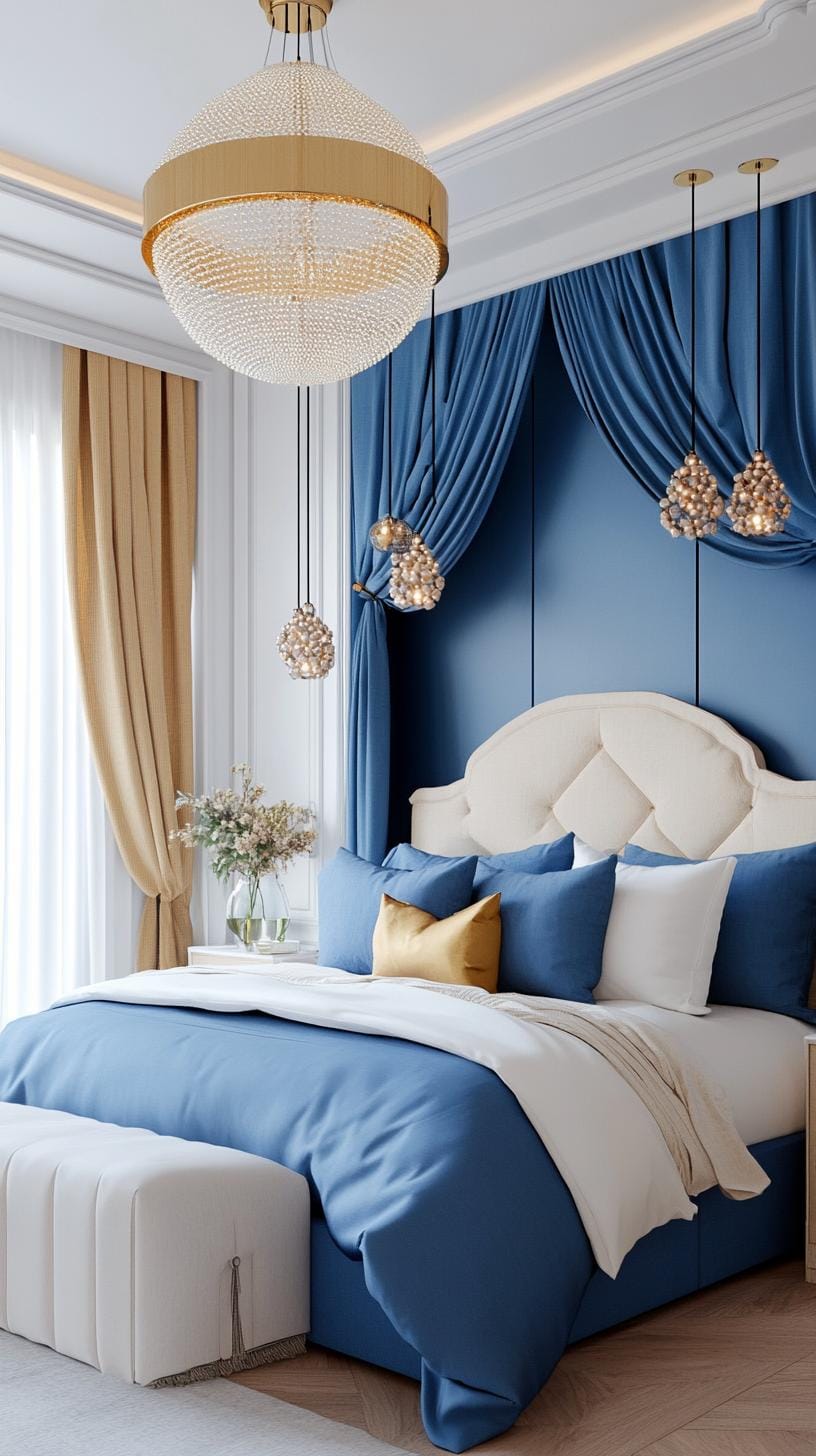 19. Sapphire Oasis: Design a sapphire-colored oasis using clean linens, beaded chandeliers, and open-roof shelving-0