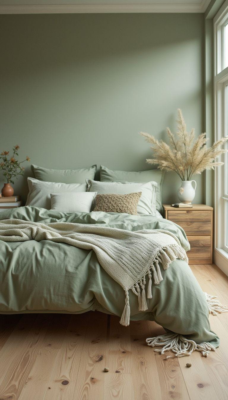 9. Scandinavian-inspired room with soft sage green linens and light oak floors-0