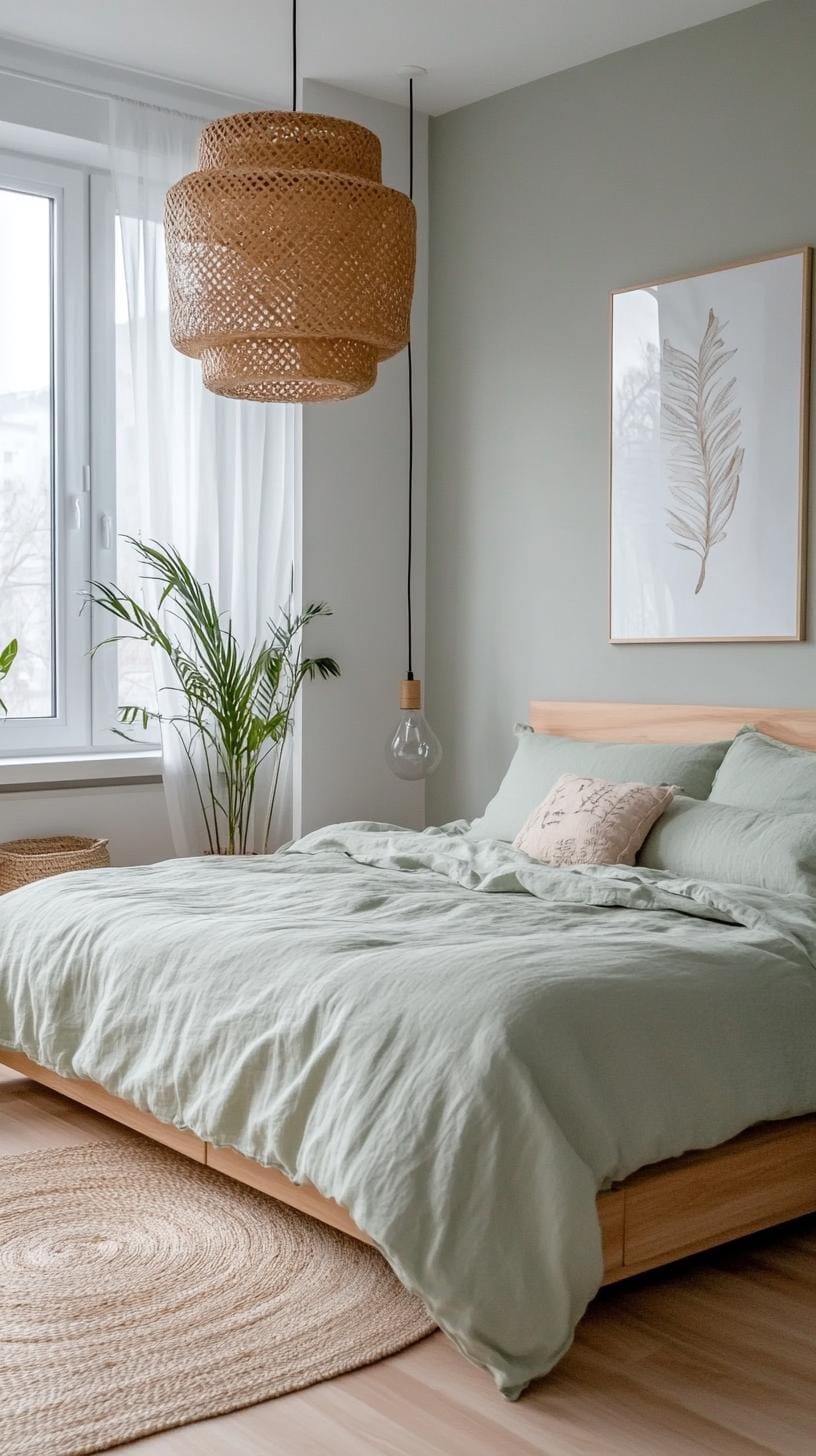 9. Scandinavian-inspired room with soft sage green linens and light oak floors-1