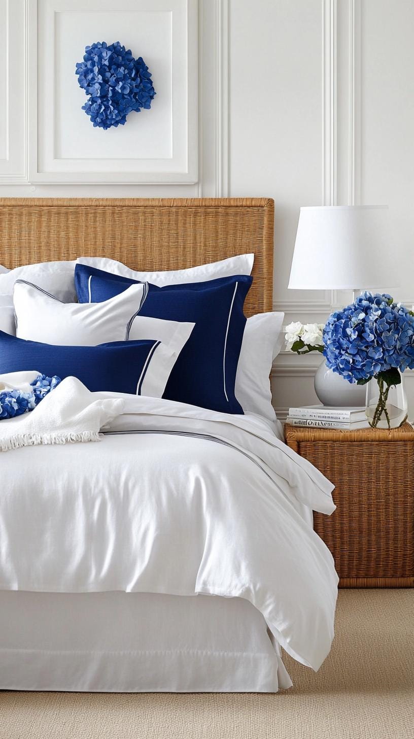 5. Serene Sapphire: Subtle sapphire tones mingled with white bedding and woven rattan lampshades-0