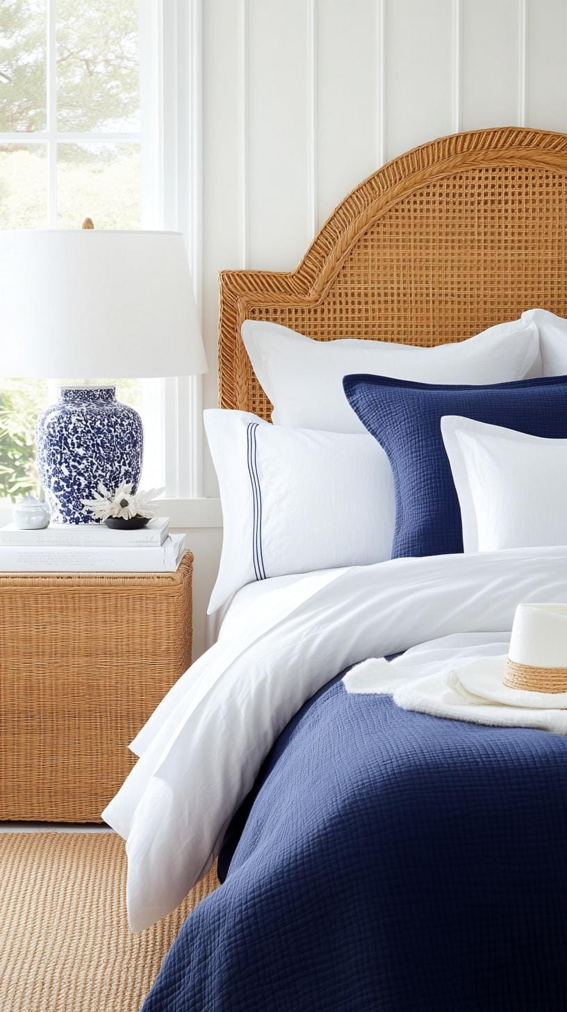 5. Serene Sapphire: Subtle sapphire tones mingled with white bedding and woven rattan lampshades-1