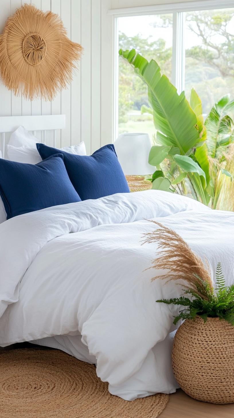 5. Serene Sapphire: Subtle sapphire tones mingled with white bedding and woven rattan lampshades-2