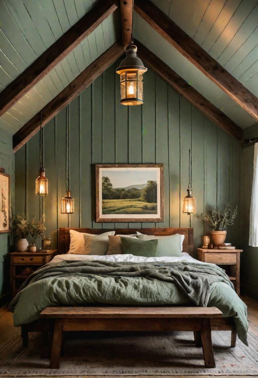 12. Serene rustic farmhouse with sage green panels and vintage lantern lighting-0