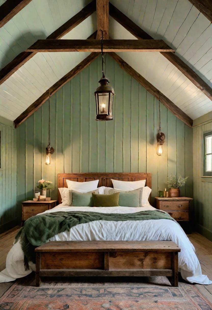 12. Serene rustic farmhouse with sage green panels and vintage lantern lighting-3