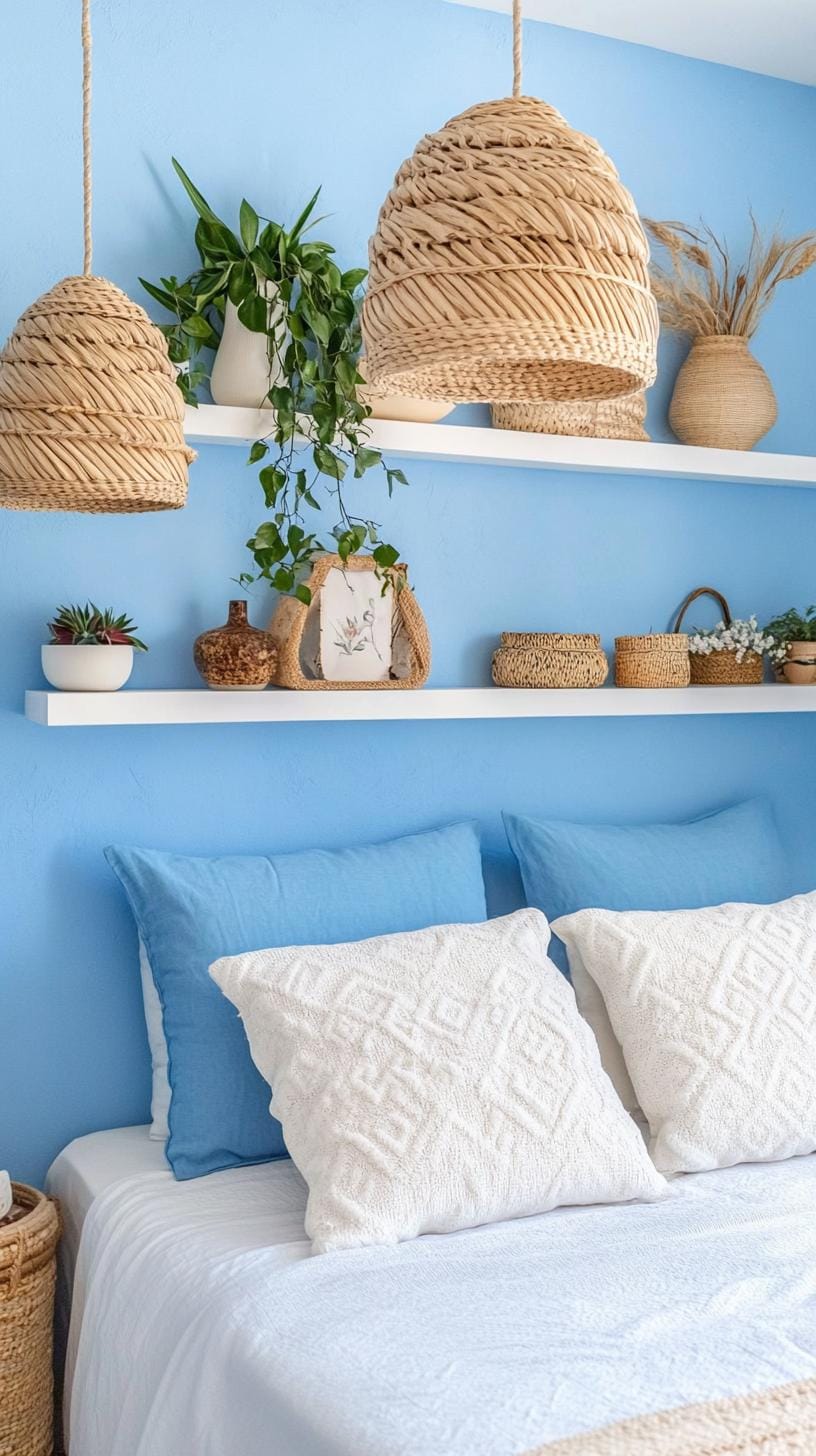 11. Sky Blue Zen: Balance sky blue soft furnishings with floating white shelves and potpourri bowls-1