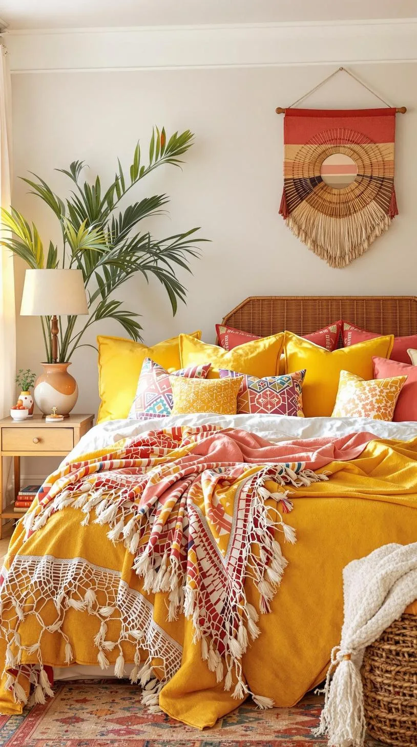 21 Colorful Boho Bedroom Ideas for a Whimsical Hippie Vibe 56 20. Southern Coast Adventure: Combine sunny yellows and deep corals with beachy elements and relaxed, fluid lines-0