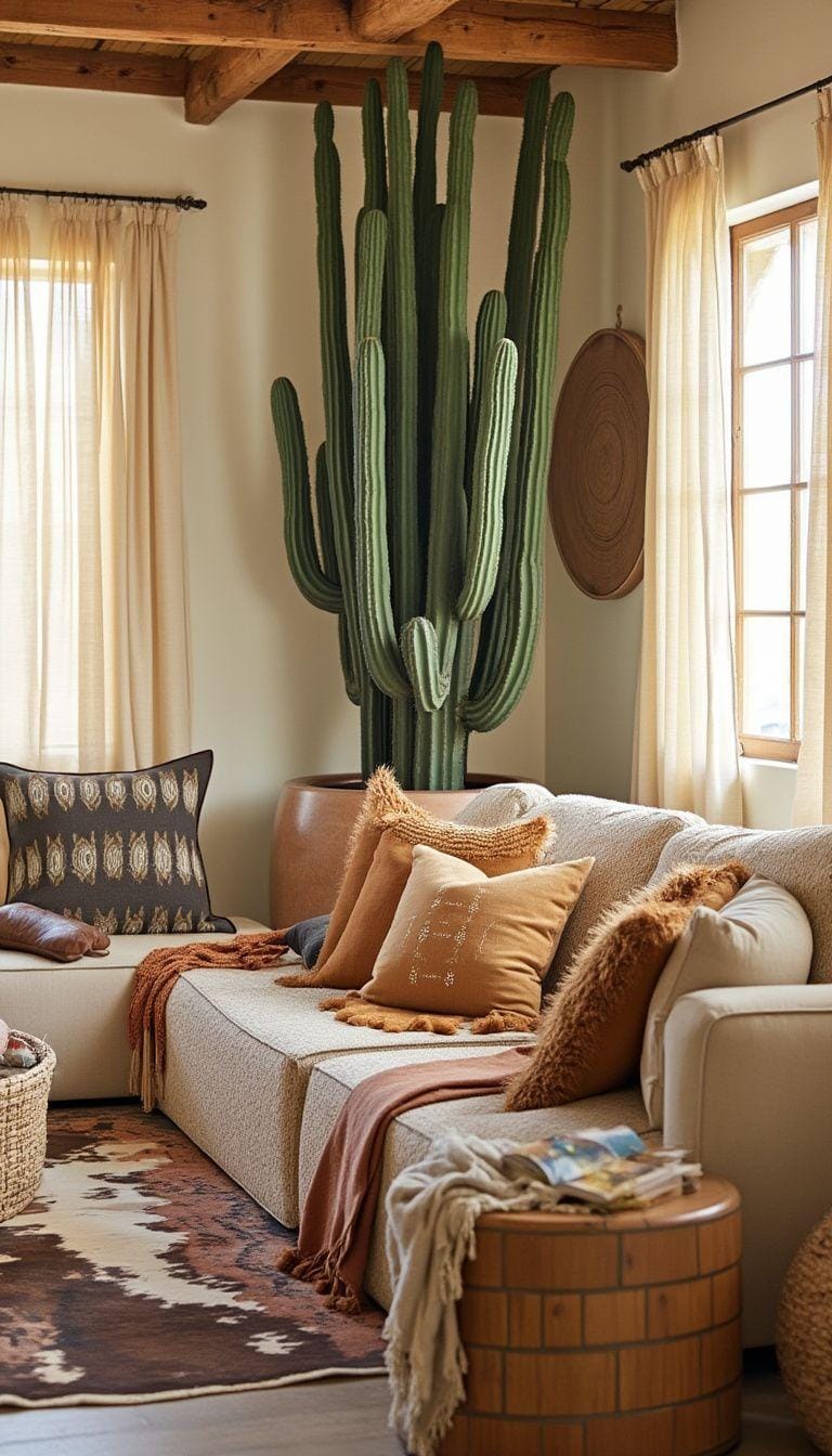 6. Southwest Serenity: Paint with sun-bleached tones and layer textiles like cowhide rugs and tasseled blankets, accented by a statement cactus plant-0