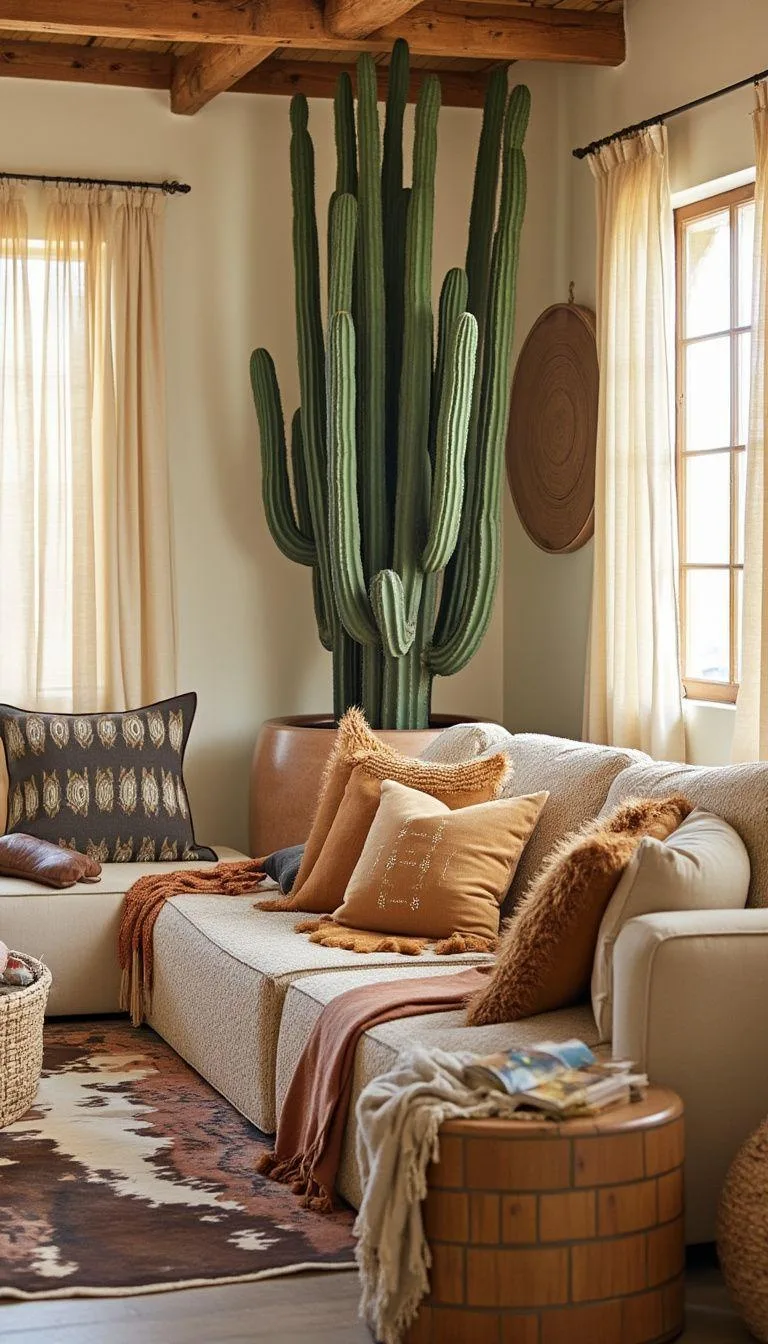 23 Unique Boho Farmhouse Living Room Ideas To Copy 18 6. Southwest Serenity: Paint with sun-bleached tones and layer textiles like cowhide rugs and tasseled blankets, accented by a statement cactus plant-0