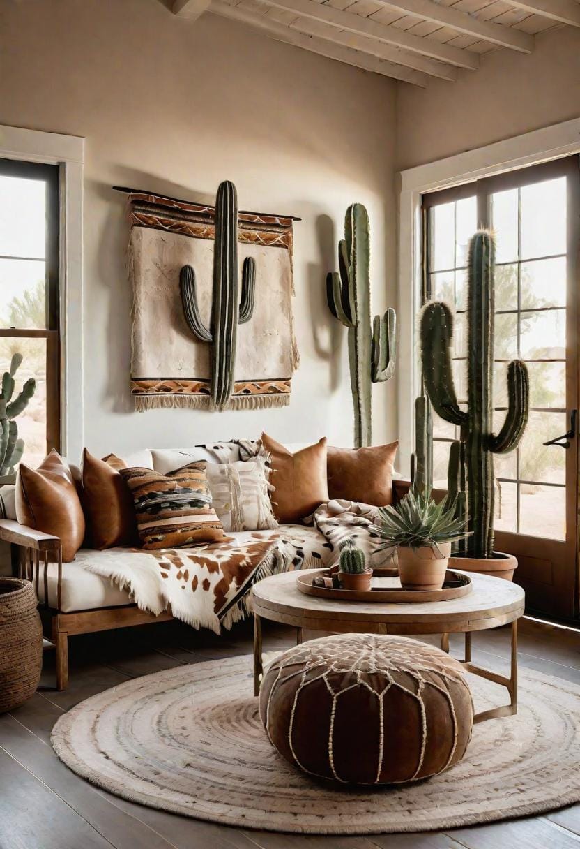 6. Southwest Serenity: Paint with sun-bleached tones and layer textiles like cowhide rugs and tasseled blankets, accented by a statement cactus plant-1