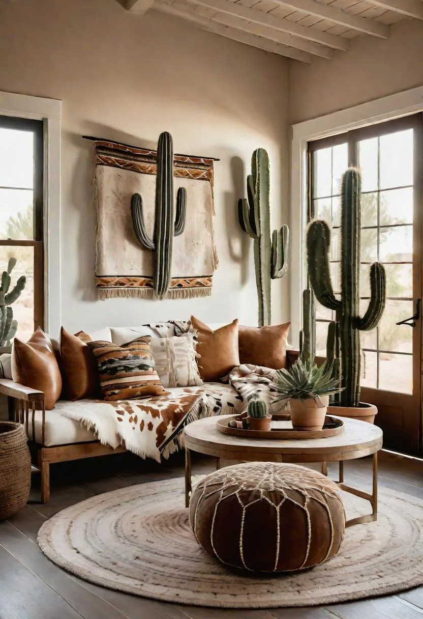 23 Unique Boho Farmhouse Living Room Ideas To Copy 19 6. Southwest Serenity: Paint with sun-bleached tones and layer textiles like cowhide rugs and tasseled blankets, accented by a statement cactus plant-1