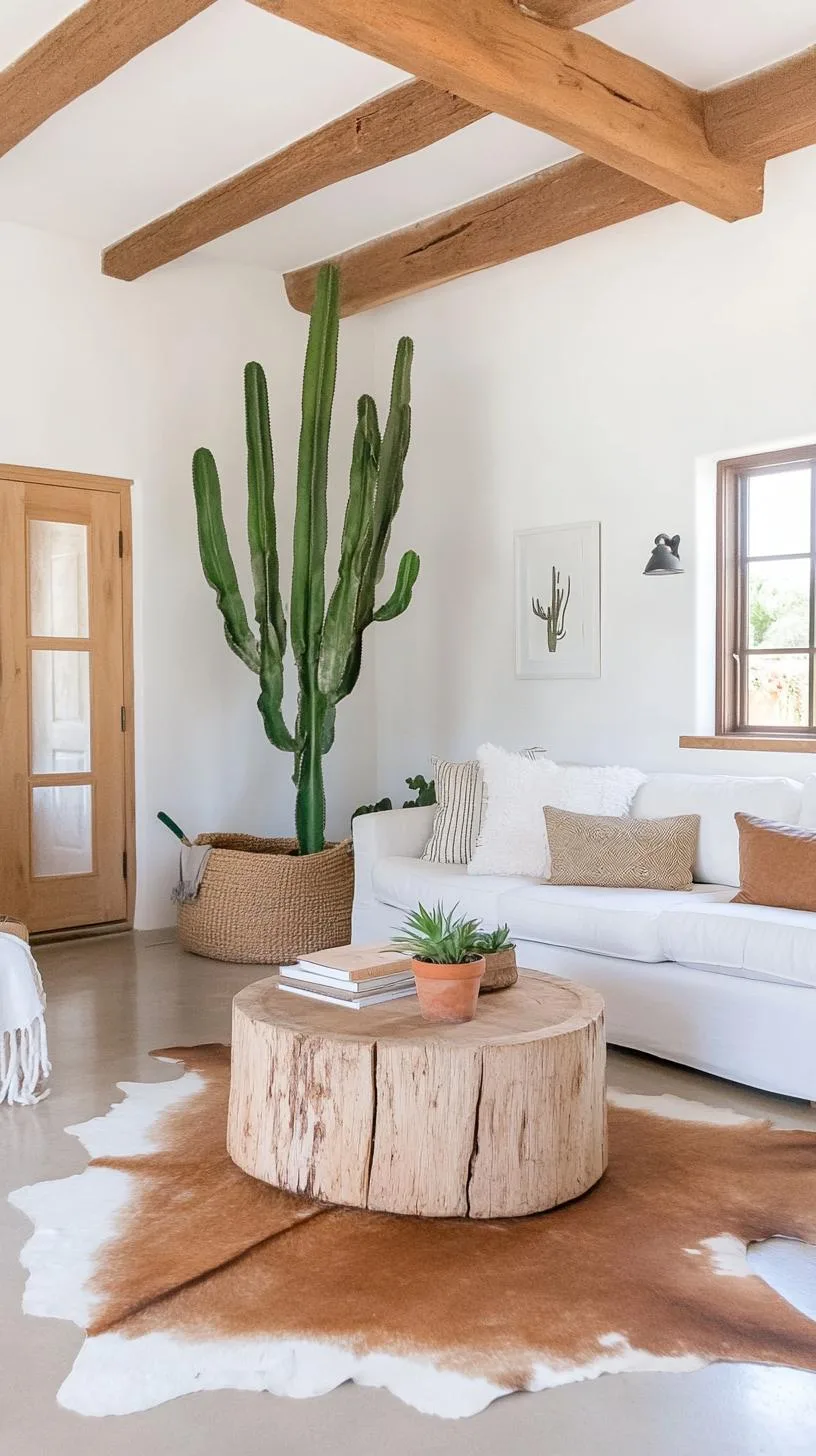 23 Unique Boho Farmhouse Living Room Ideas To Copy 20 6. Southwest Serenity: Paint with sun-bleached tones and layer textiles like cowhide rugs and tasseled blankets, accented by a statement cactus plant-2
