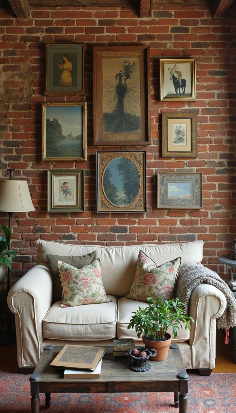 19. Stack mismatched vintage framed artwork on exposed brick walls, complemented by a cozy postal sack sofa for an approachable vibe-0