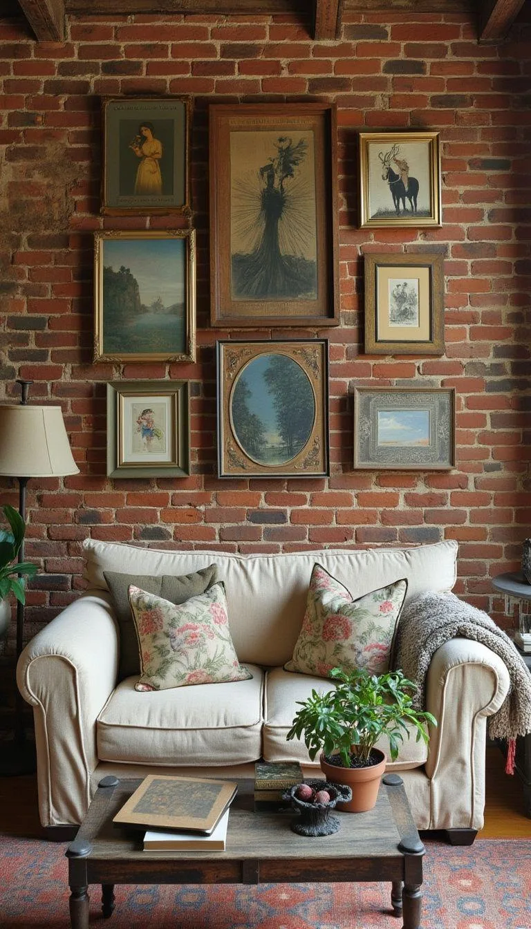 21 Best Industrial Farmhouse Living Room Ideas to Inspire 55 19. Stack mismatched vintage framed artwork on exposed brick walls, complemented by a cozy postal sack sofa for an approachable vibe-0