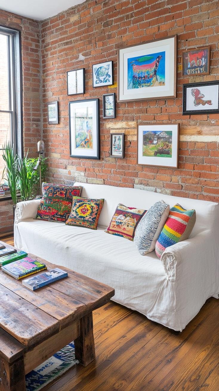 19. Stack mismatched vintage framed artwork on exposed brick walls, complemented by a cozy postal sack sofa for an approachable vibe-2