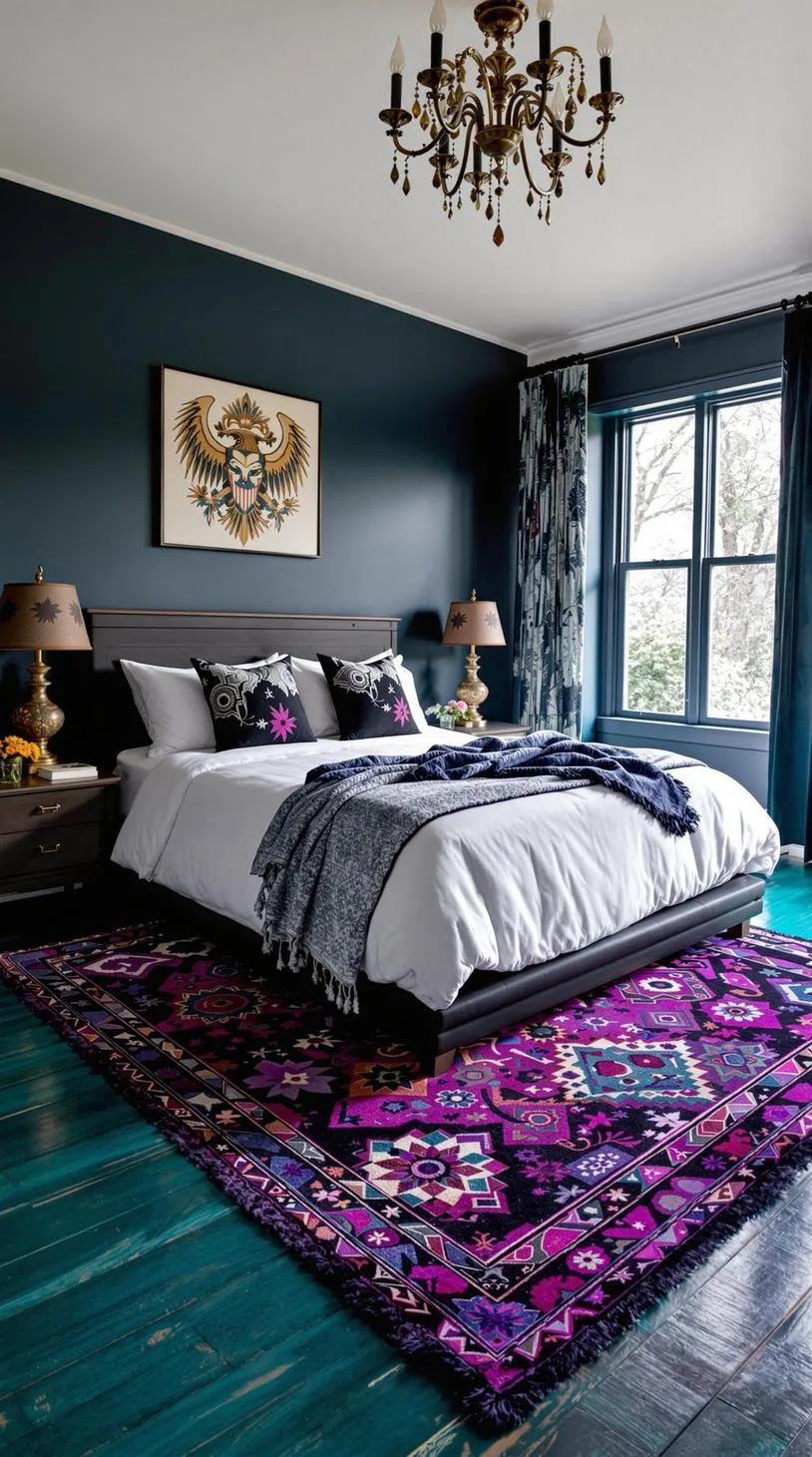 13. Statement bohemian area rug with deep purples and blacks, against a tinted deep teal wooden floor-0