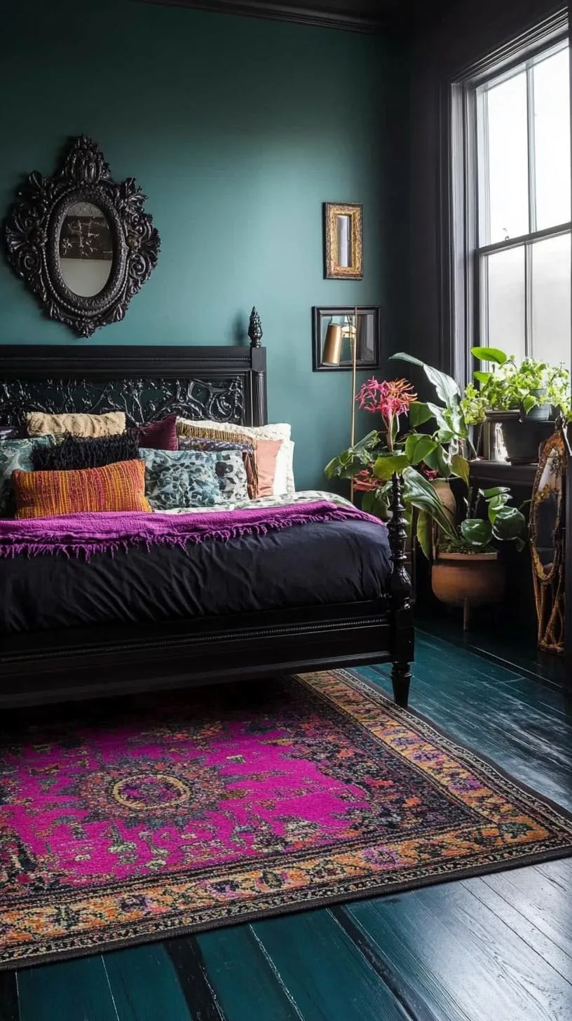 13. Statement bohemian area rug with deep purples and blacks, against a tinted deep teal wooden floor-1