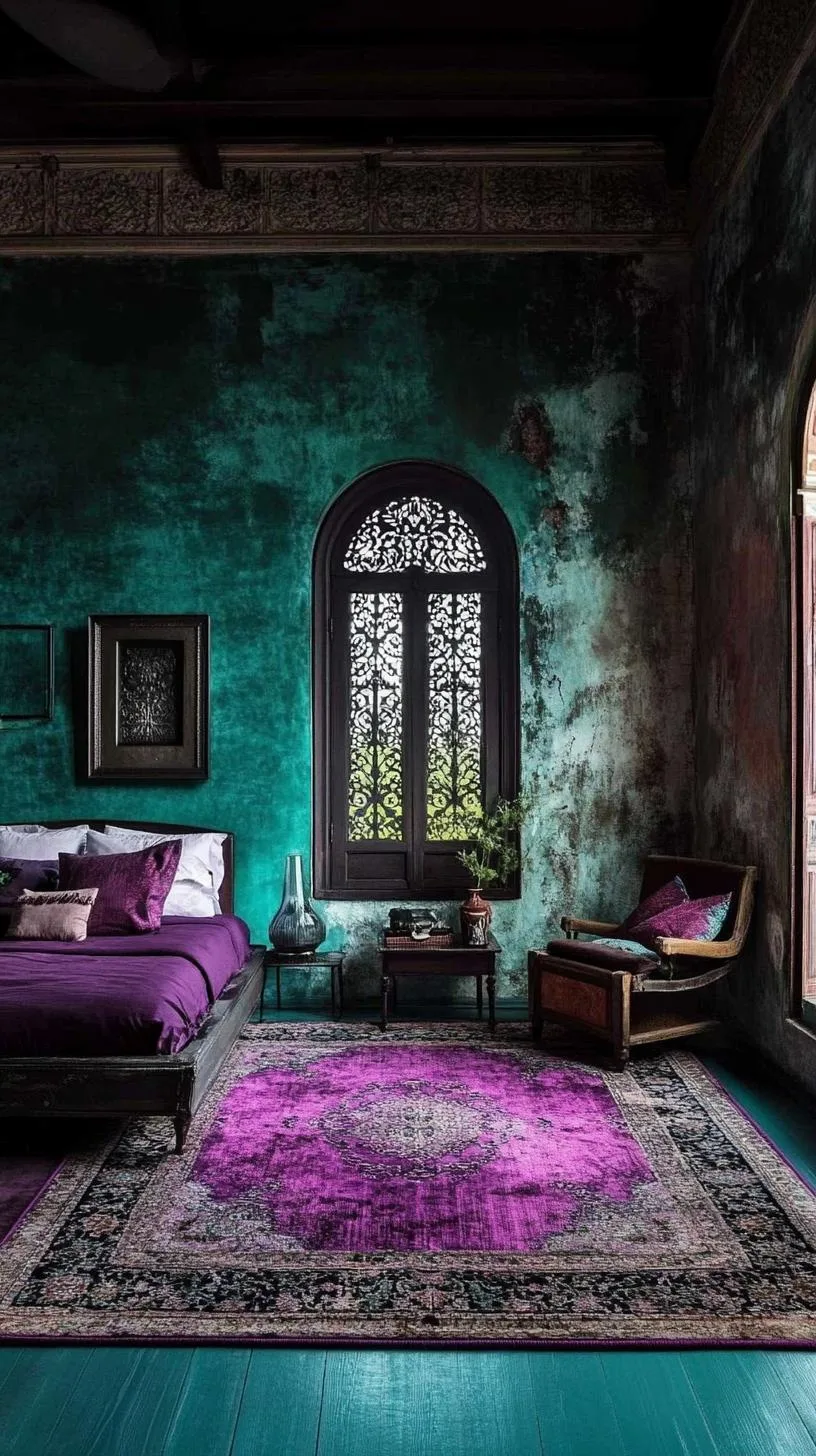 13. Statement bohemian area rug with deep purples and blacks, against a tinted deep teal wooden floor-2
