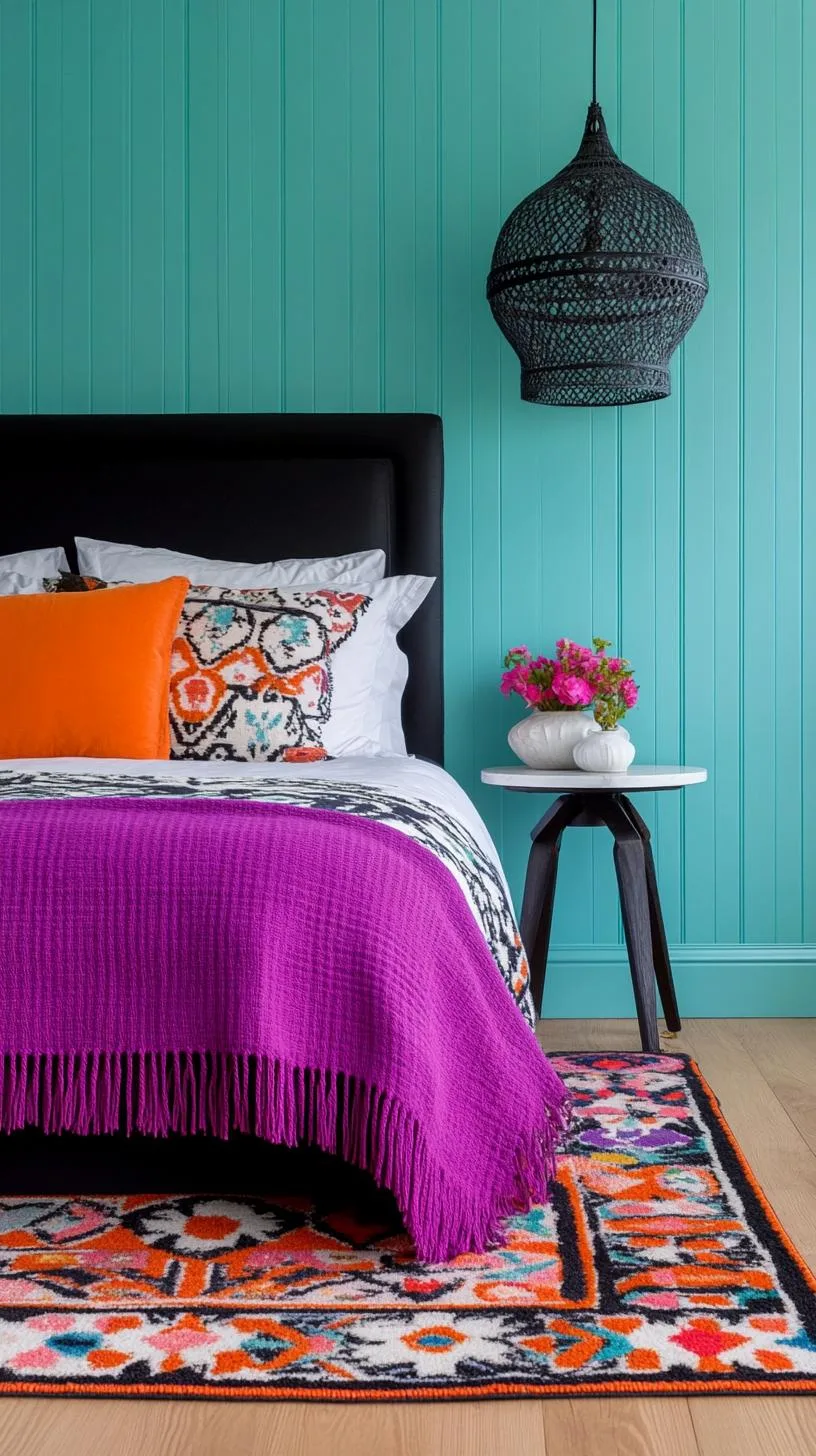 13. Statement bohemian area rug with deep purples and blacks, against a tinted deep teal wooden floor-3