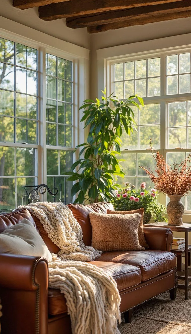 23 Unique Boho Farmhouse Living Room Ideas To Copy 30 10. Sun-Kissed Sanctuary: Play with sunlight through large windows and utilize plants and flowers complemented by a rustic leather sofa and chunky knit throws-0