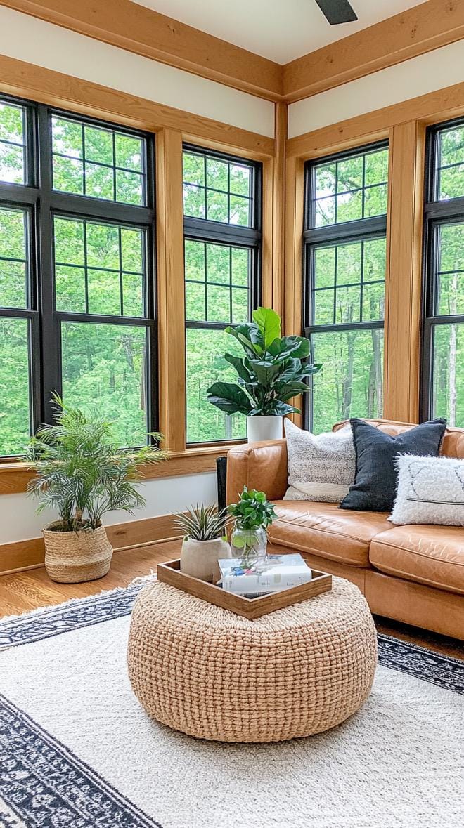 10. Sun-Kissed Sanctuary: Play with sunlight through large windows and utilize plants and flowers complemented by a rustic leather sofa and chunky knit throws-1