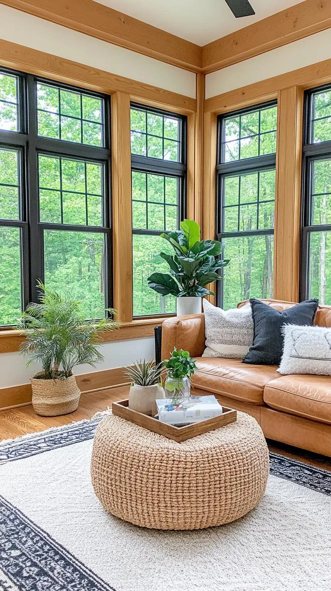 23 Unique Boho Farmhouse Living Room Ideas To Copy 31 10. Sun-Kissed Sanctuary: Play with sunlight through large windows and utilize plants and flowers complemented by a rustic leather sofa and chunky knit throws-1