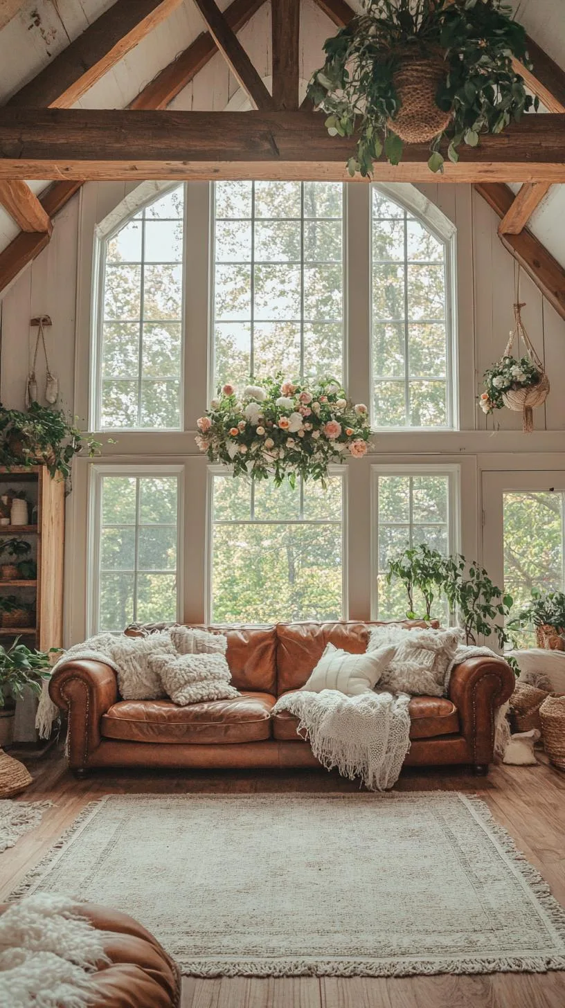 23 Unique Boho Farmhouse Living Room Ideas To Copy 32 10. Sun-Kissed Sanctuary: Play with sunlight through large windows and utilize plants and flowers complemented by a rustic leather sofa and chunky knit throws-2