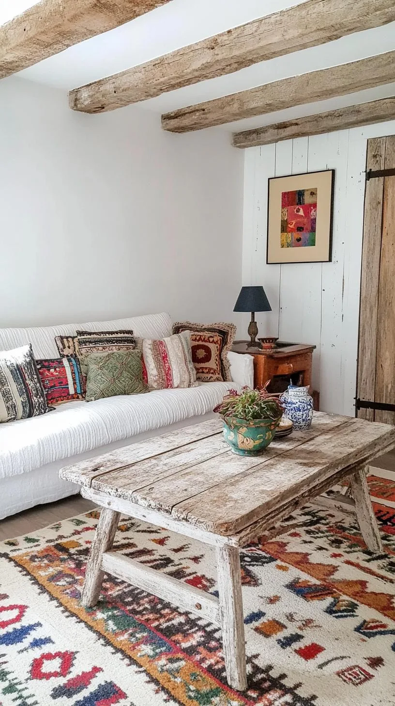 23 Unique Boho Farmhouse Living Room Ideas To Copy 57 18. Textured Tapestry: Use diverse material textures, like chipped-painted furniture with velvety soft furnishings and deeply textured ceramics-2