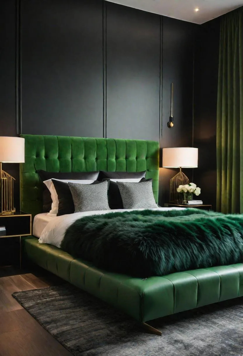 18. Textured Tranquility: Employ black shag rugs with green faux-leather headboards for tactile interest-0
