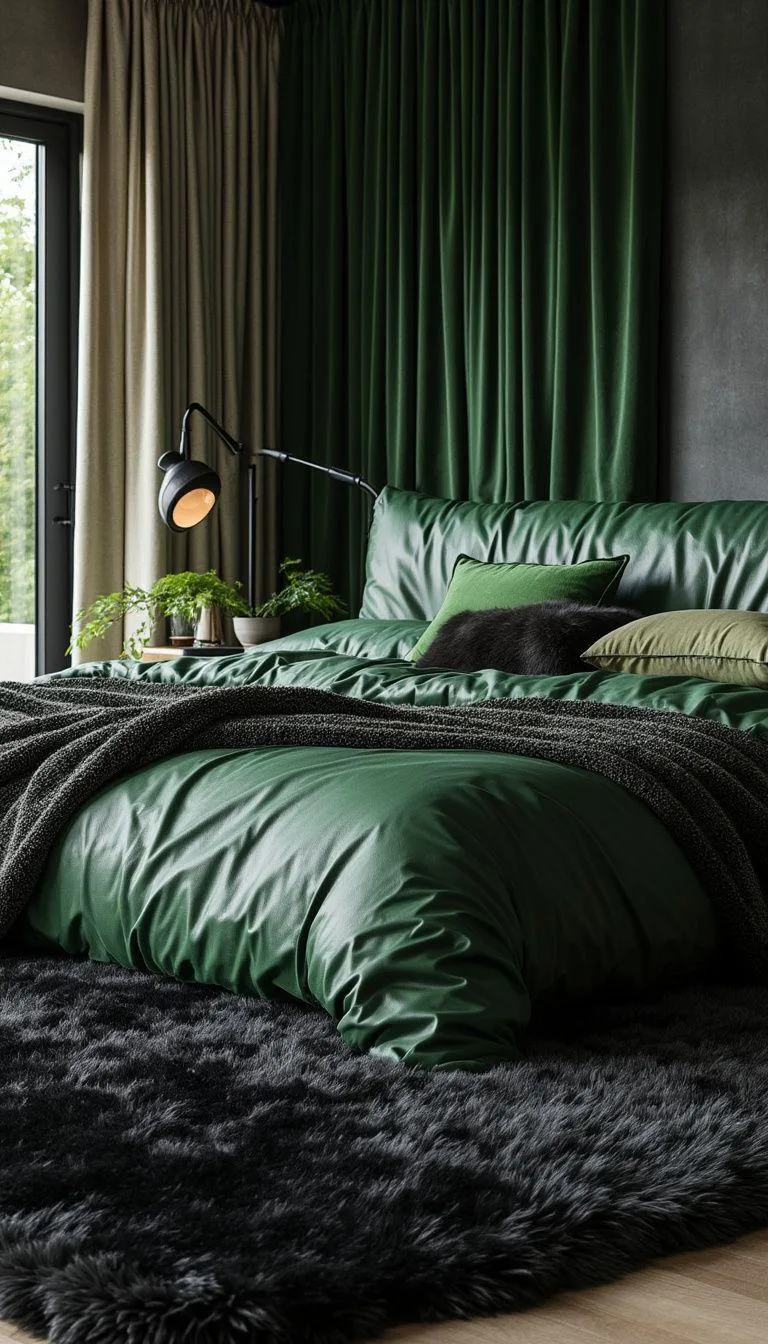 18. Textured Tranquility: Employ black shag rugs with green faux-leather headboards for tactile interest-1