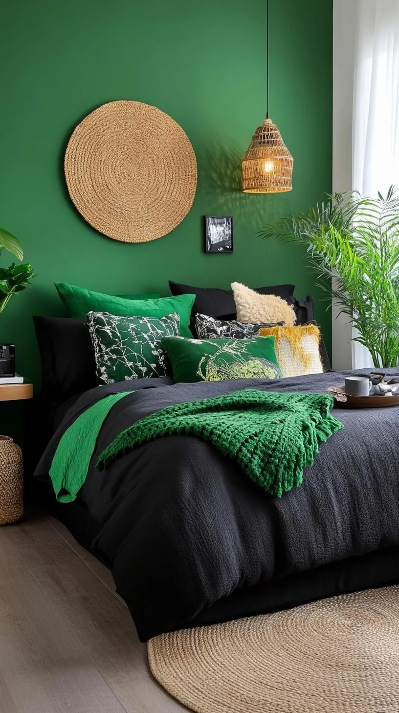 18. Textured Tranquility: Employ black shag rugs with green faux-leather headboards for tactile interest-2