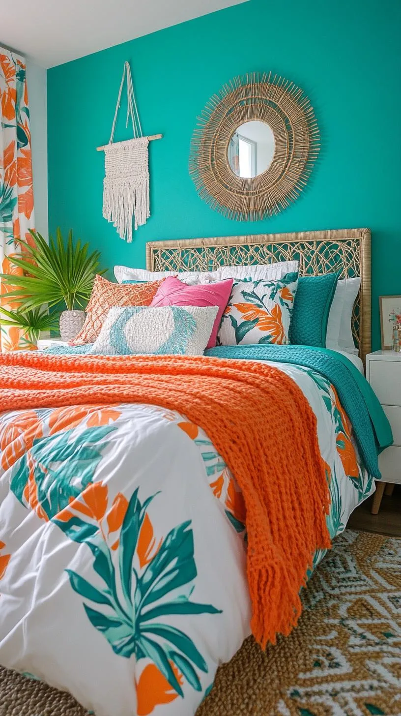 21 Colorful Boho Bedroom Ideas for a Whimsical Hippie Vibe 8 3. Tropical Oasis Retreat: Utilize vibrant orange and teal with tropical leaf patterns and macramé touches-0