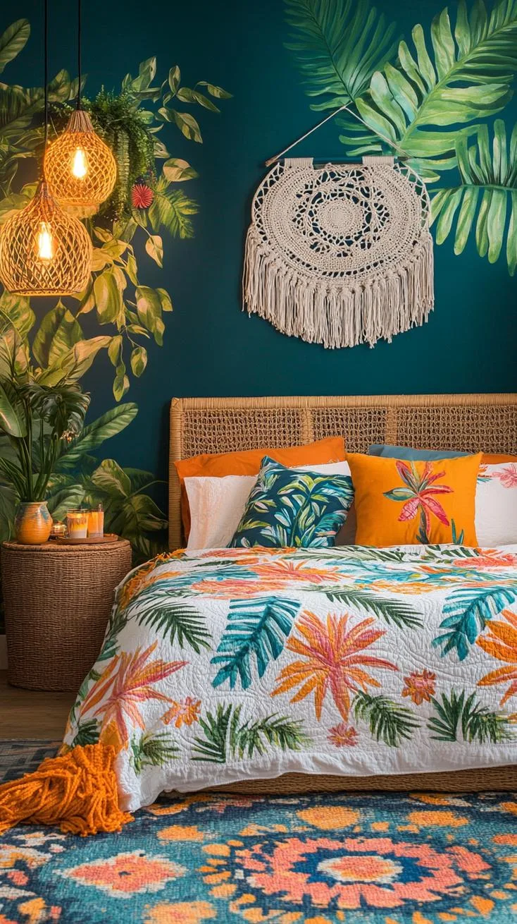21 Colorful Boho Bedroom Ideas for a Whimsical Hippie Vibe 9 3. Tropical Oasis Retreat: Utilize vibrant orange and teal with tropical leaf patterns and macramé touches-1