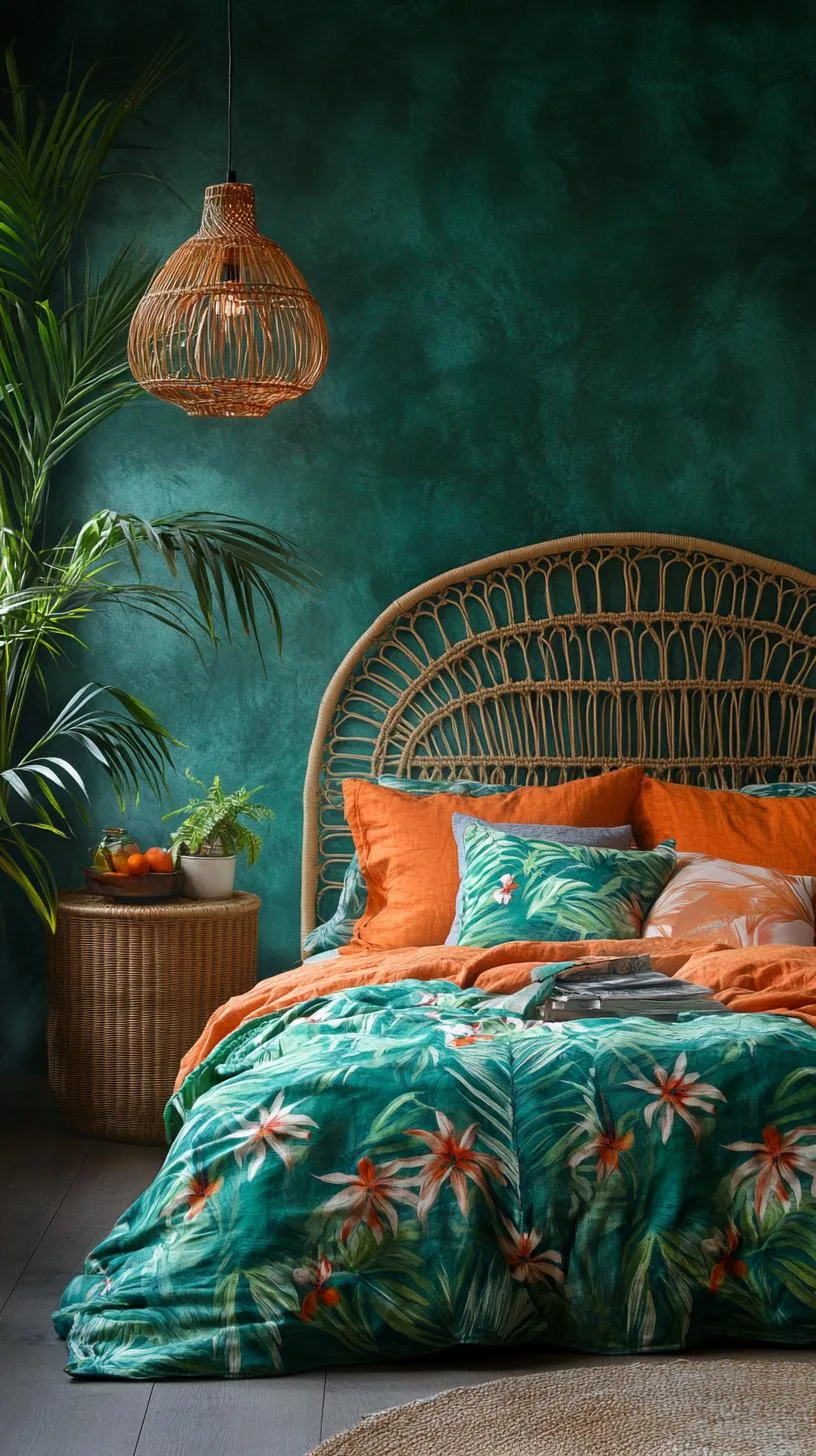 21 Colorful Boho Bedroom Ideas for a Whimsical Hippie Vibe 10 3. Tropical Oasis Retreat: Utilize vibrant orange and teal with tropical leaf patterns and macramé touches-2