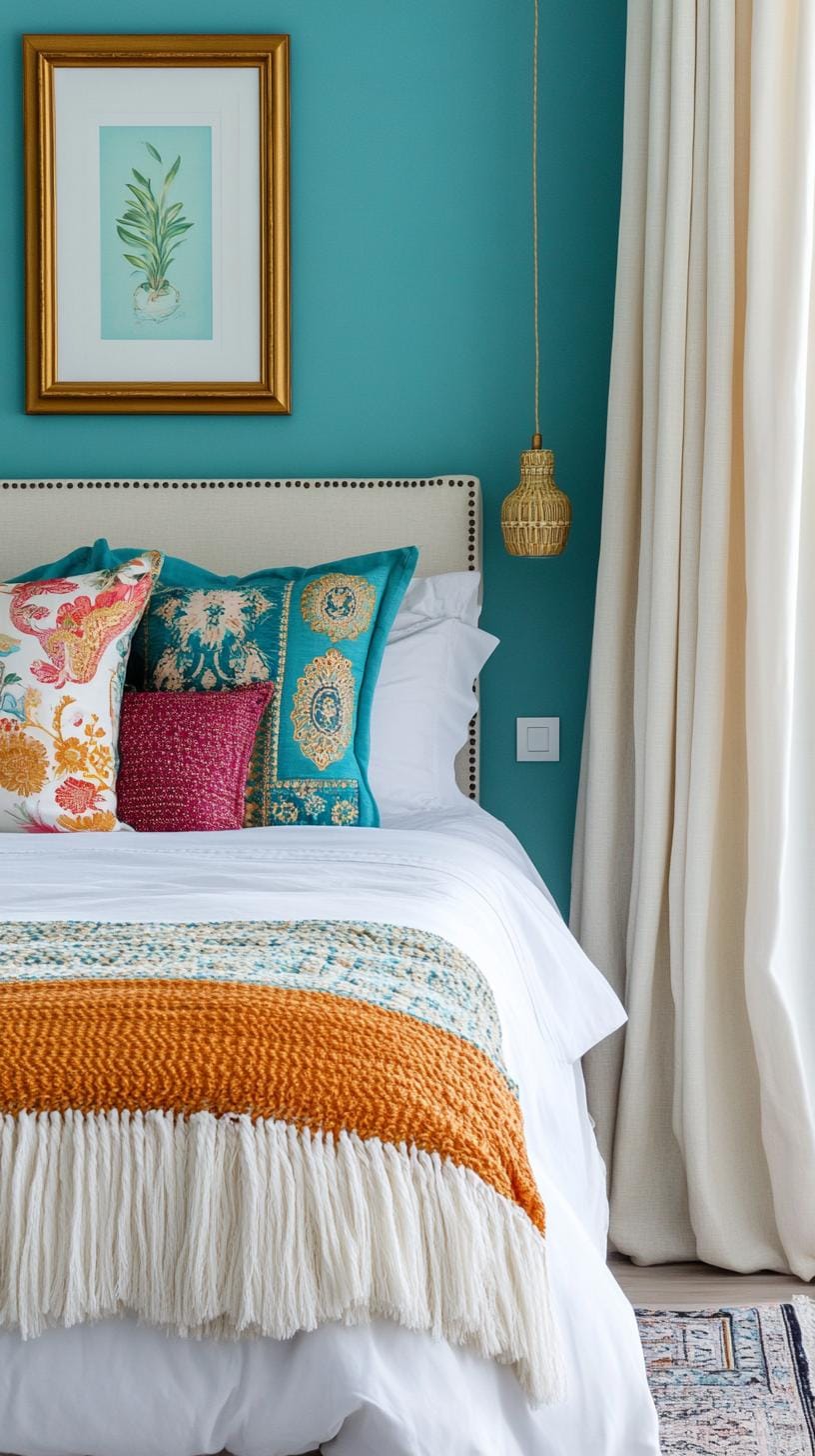 6. Turquoise Tranquility: Highlight turquoise walls adorned with gold-framed bohemian prints and tassel curtains-0