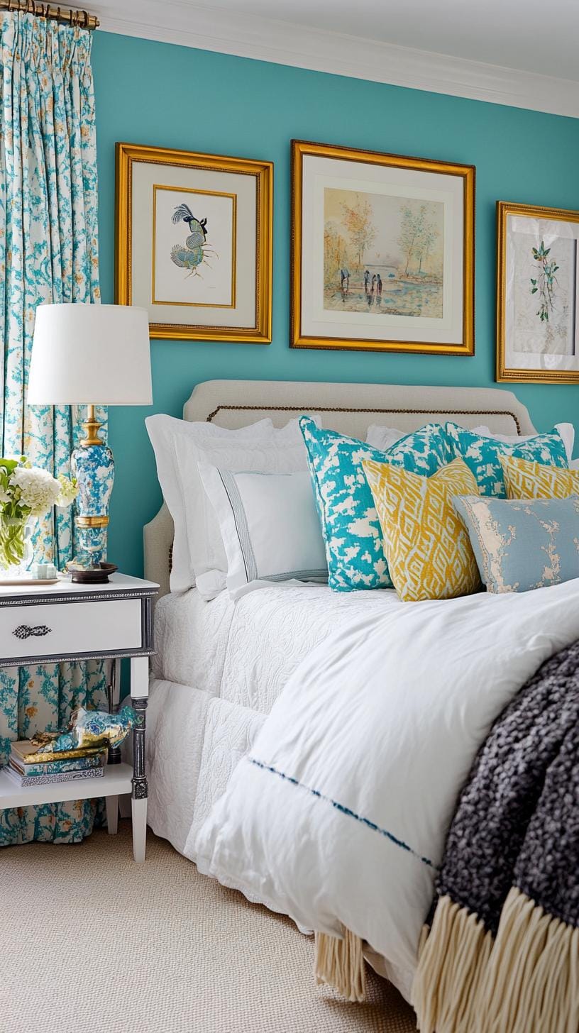 6. Turquoise Tranquility: Highlight turquoise walls adorned with gold-framed bohemian prints and tassel curtains-1