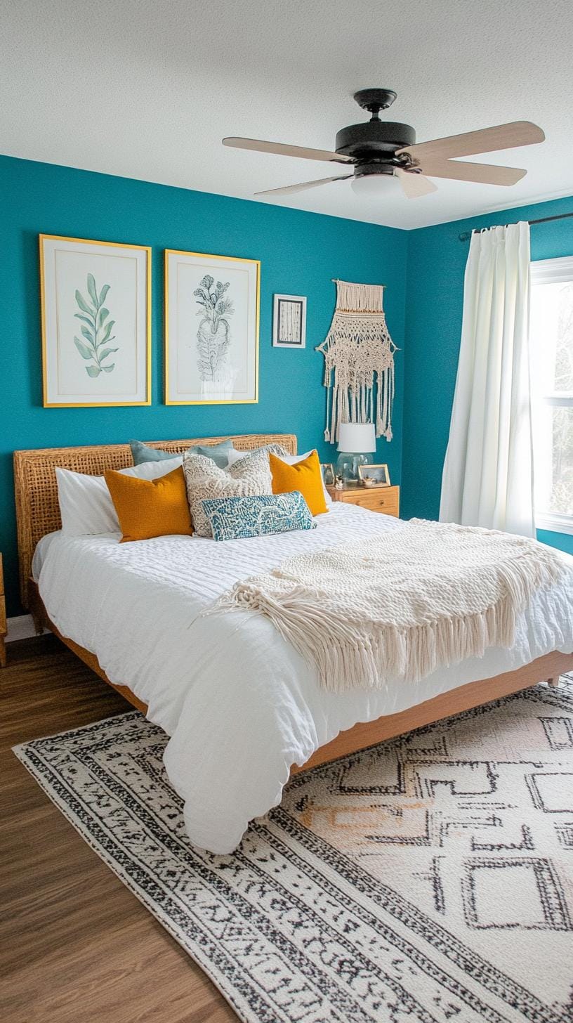 6. Turquoise Tranquility: Highlight turquoise walls adorned with gold-framed bohemian prints and tassel curtains-2